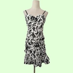 sz: S, black and white pleated suspender bodycon dress